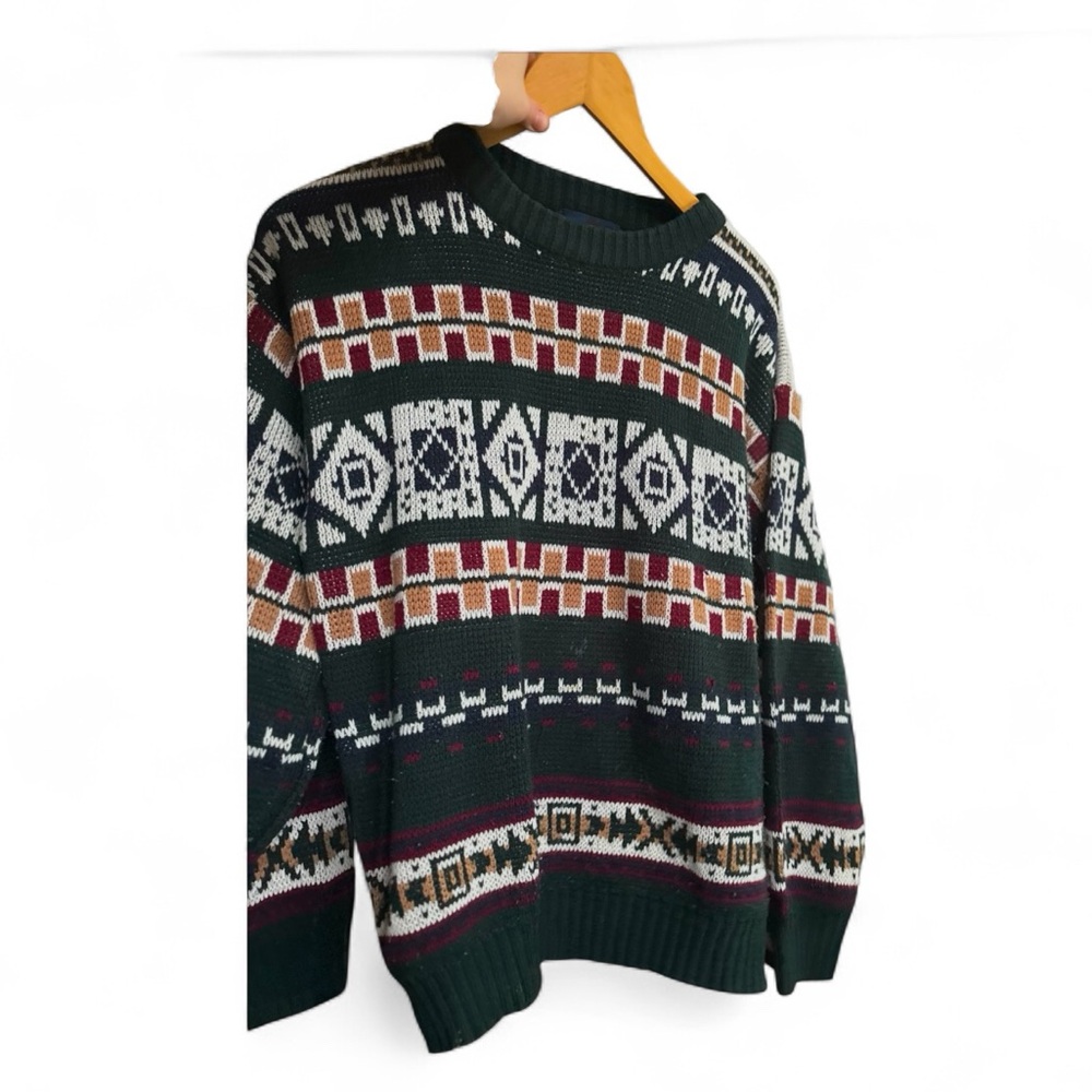 Vintage 90s Geometric Knit Sweater – Forest Green Patterned Pullover Unisex Fit